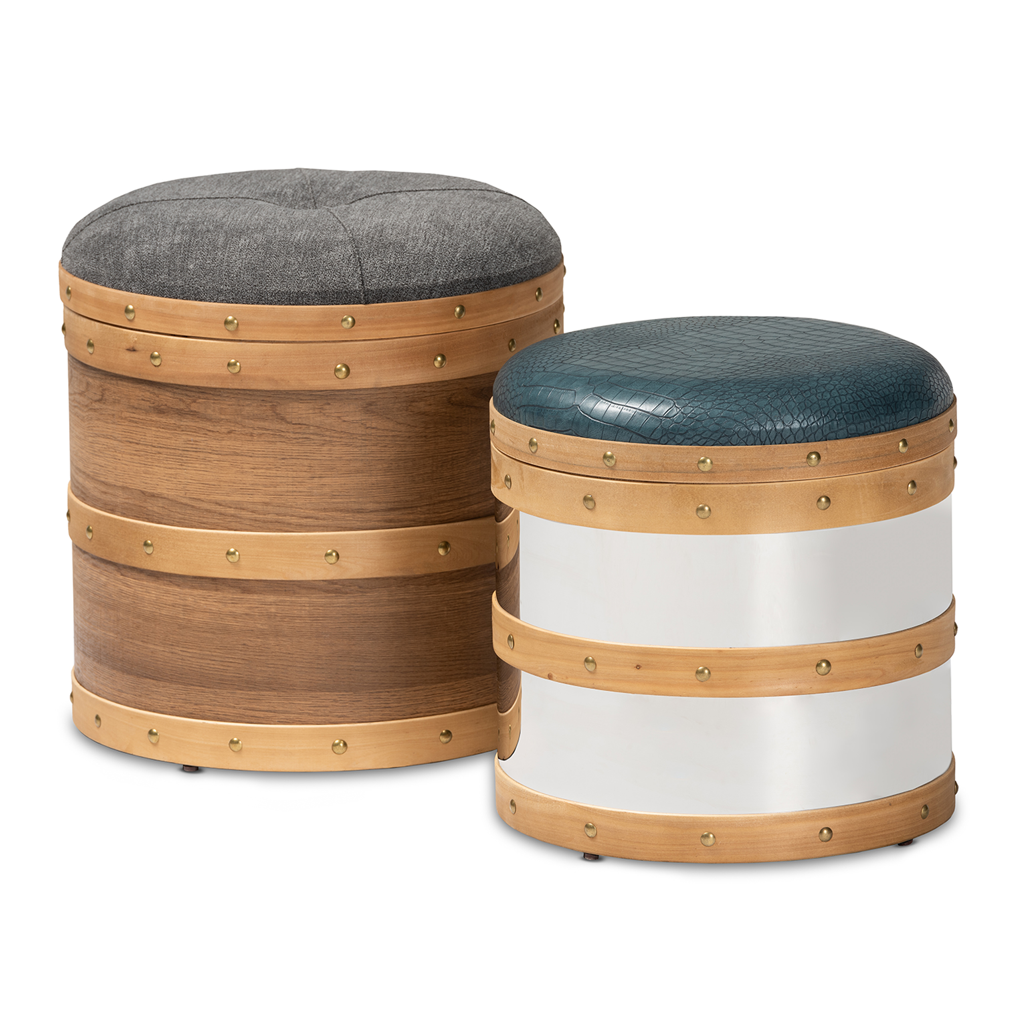 Baxton Studio Caleb Modern and Contemporary Glam Grey Fabric and Blue Alligator Faux Leather Upholstered 2-Piece Wood and Metal Storage Ottoman Set